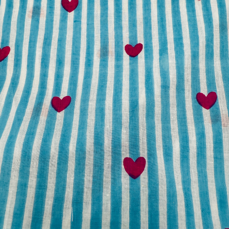 Sweet Hearts on Blue Cotton Block