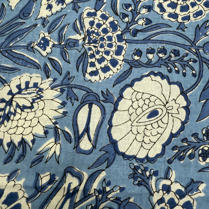 Close-up of a blue and white floral patterned fabric