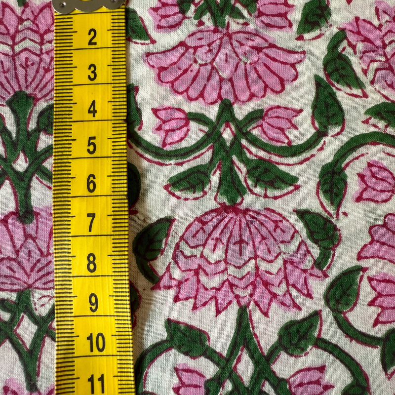 Floral fabric pattern with a yellow measuring tape on the left