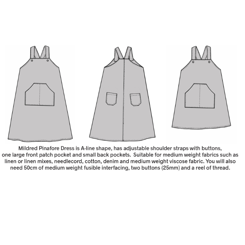 Technical drawing of a pinafore dress with specifications on a white background