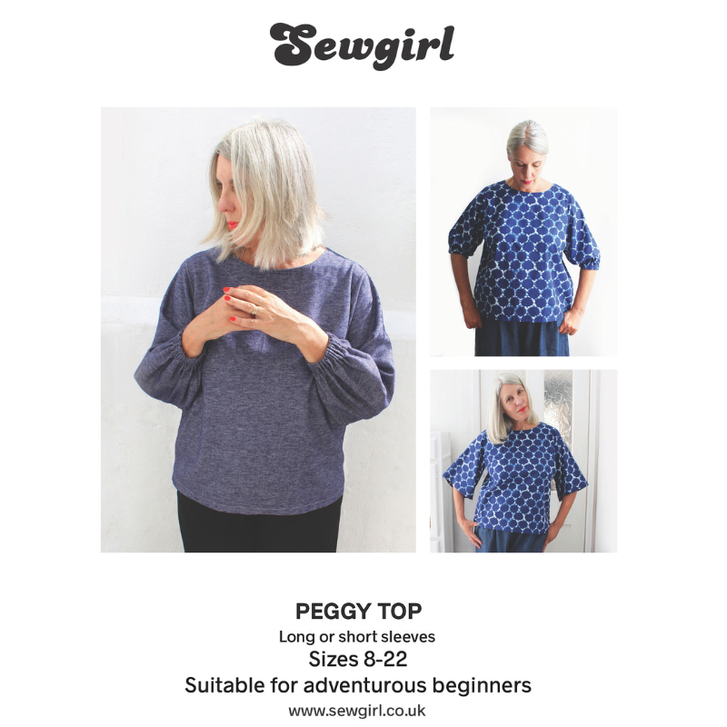 Advertisement for Sewgirl Peggy Top with a woman wearing the top and text about size range and beginner suitability.
