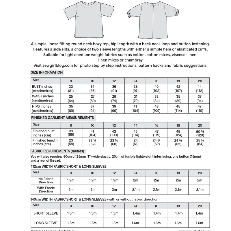 Pattern guide for a t-shirt with size chart and fabric requirements.