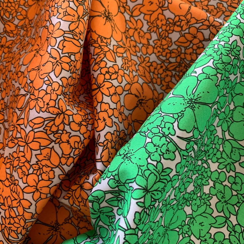 Flora cotton fabric tangerine and greee
