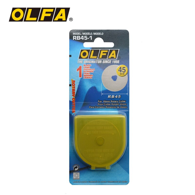 Olfa blade replacement packaging with a single straight 45mm blade in a protective case, predominantly yellow and blue with text and branding.
