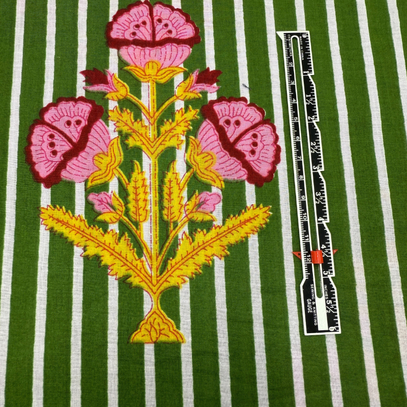 Embroidered floral design on fabric with a ruler for scale.