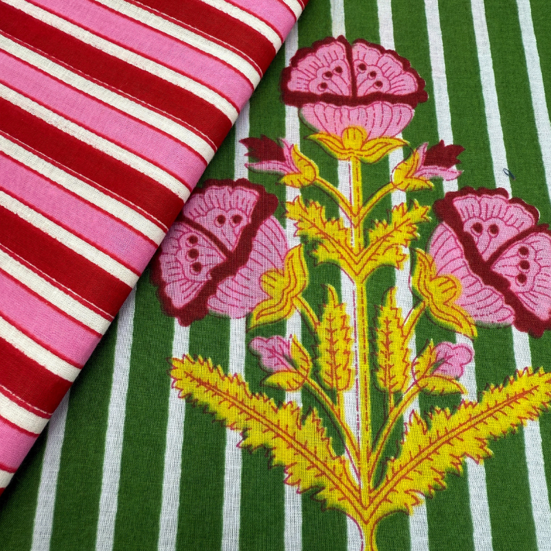 Fabric with pink and red striped pattern and floral design on green and white striped background