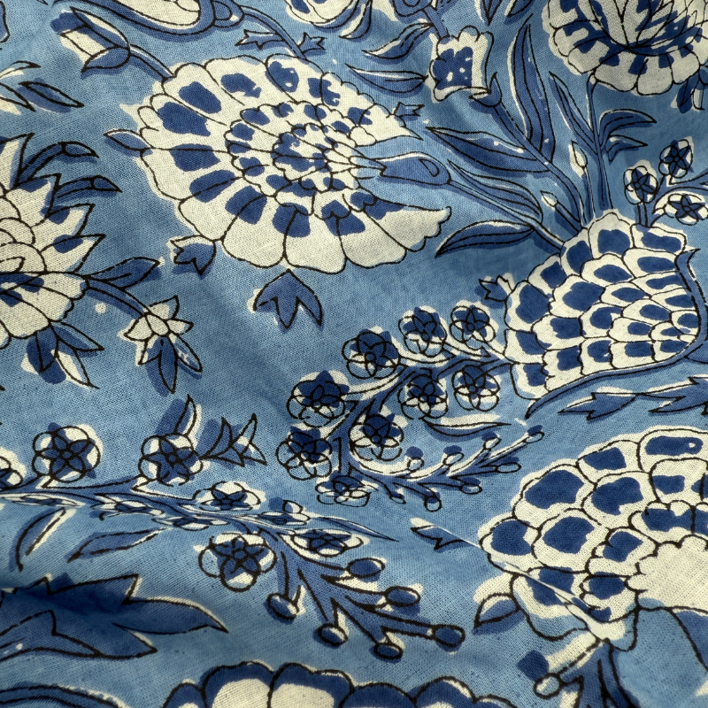 Close-up of blue and white floral patterned fabric