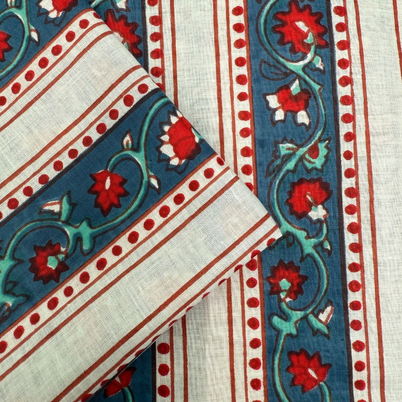 Close-up of a fabric with intricate red, blue, and white patterns