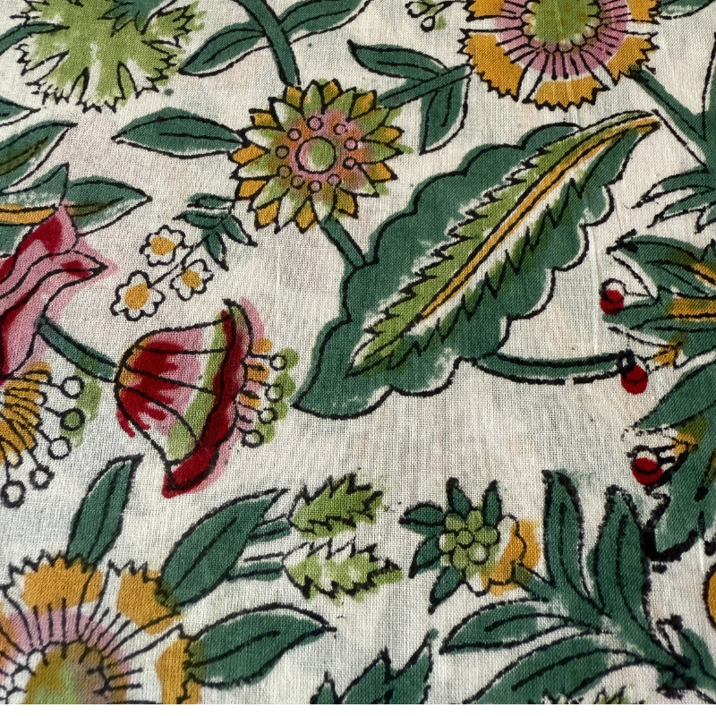 Close-up of a floral and leaf pattern on fabric