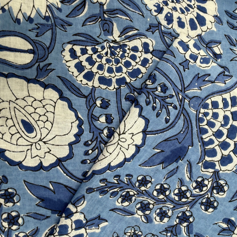 Close-up of blue and white floral patterned fabric