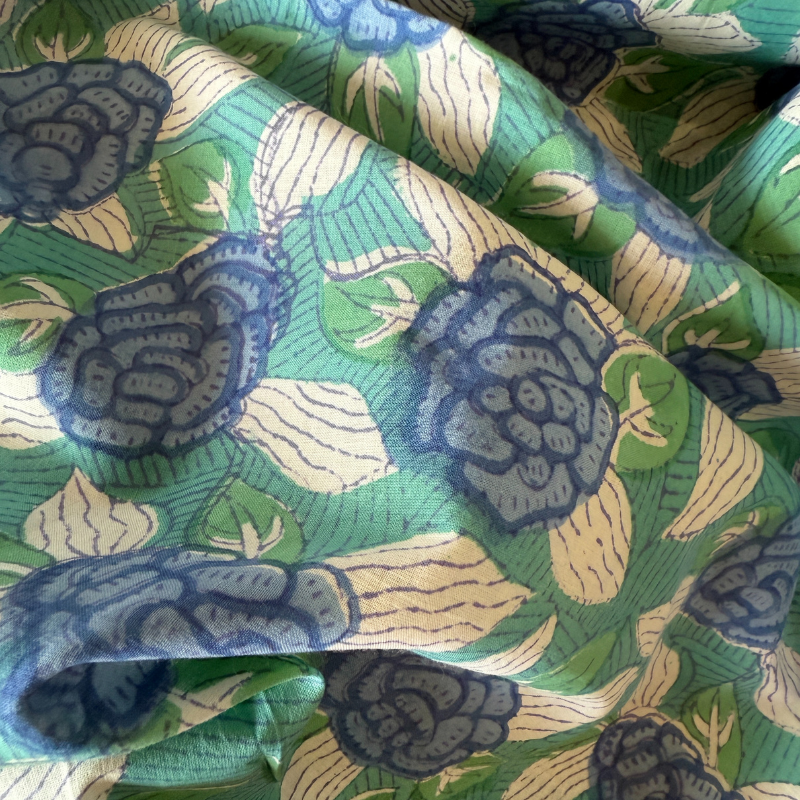 Close-up of fabric with blue and green floral pattern
