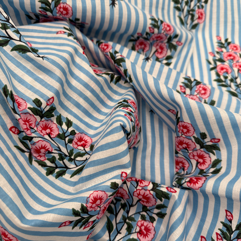 Fabric with blue and white stripes and pink floral patterns