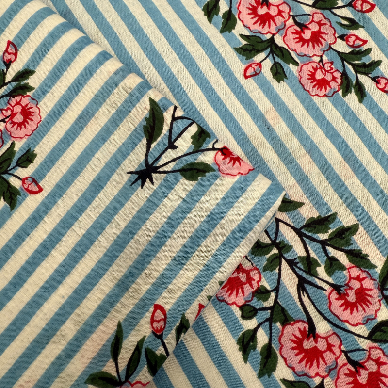 Fabric with blue and white stripes and pink floral patterns