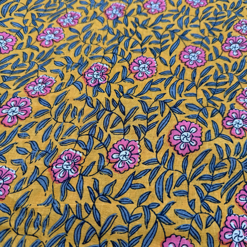 Floral pattern with pink flowers blue leaves on a yellow background