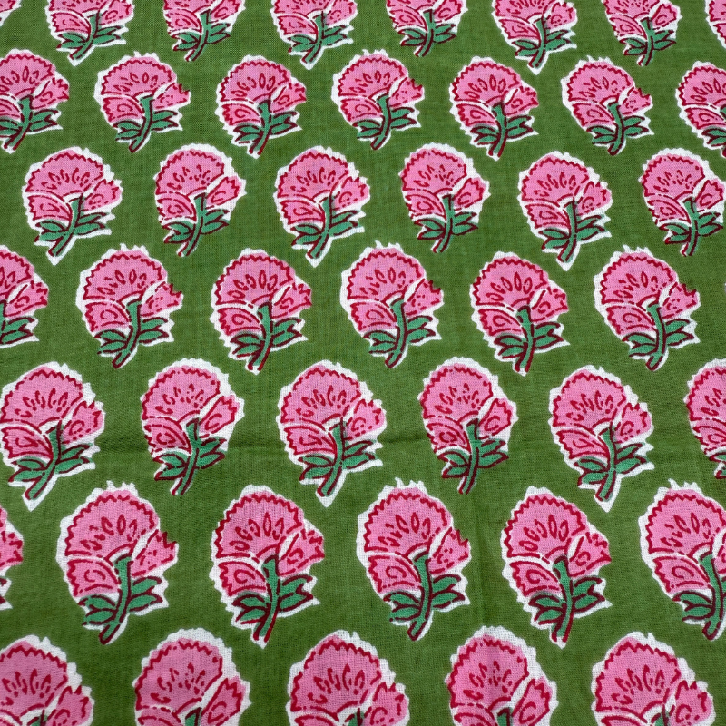 Pattern of pink flowers with green leaves on a green background